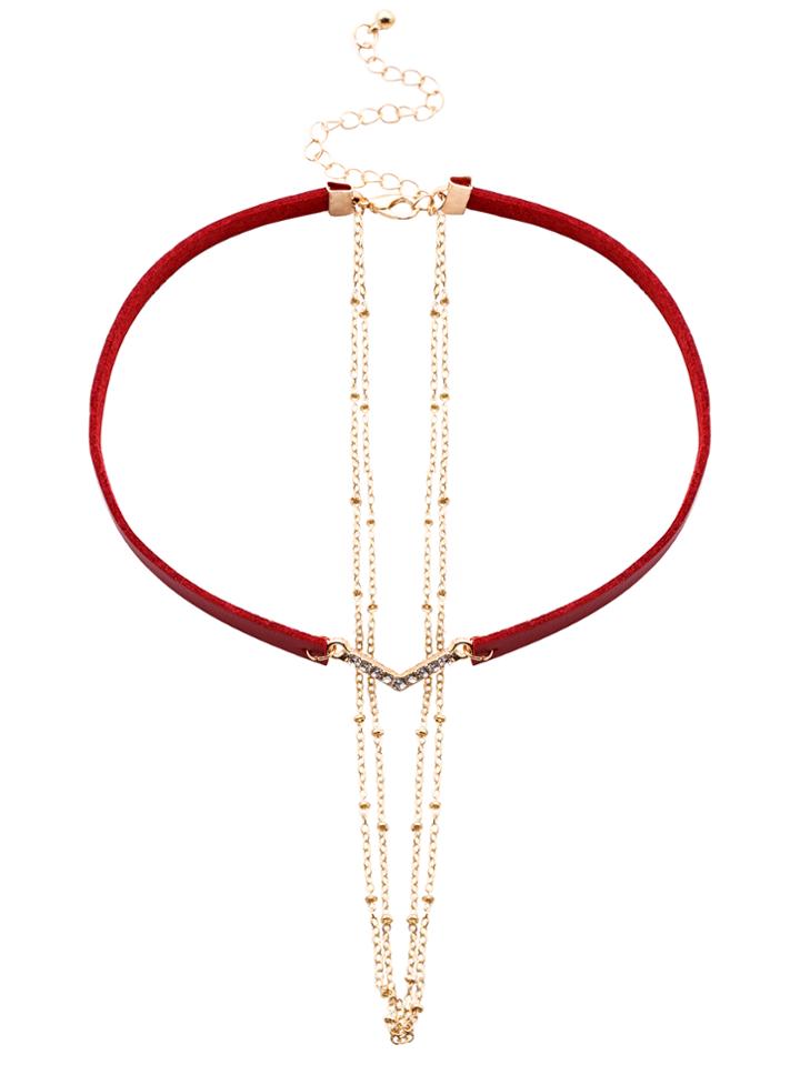 Romwe Burgundy Rhinestone Pu Leather Choker And Gold Link Chain