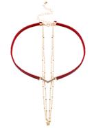 Romwe Burgundy Rhinestone Pu Leather Choker And Gold Link Chain