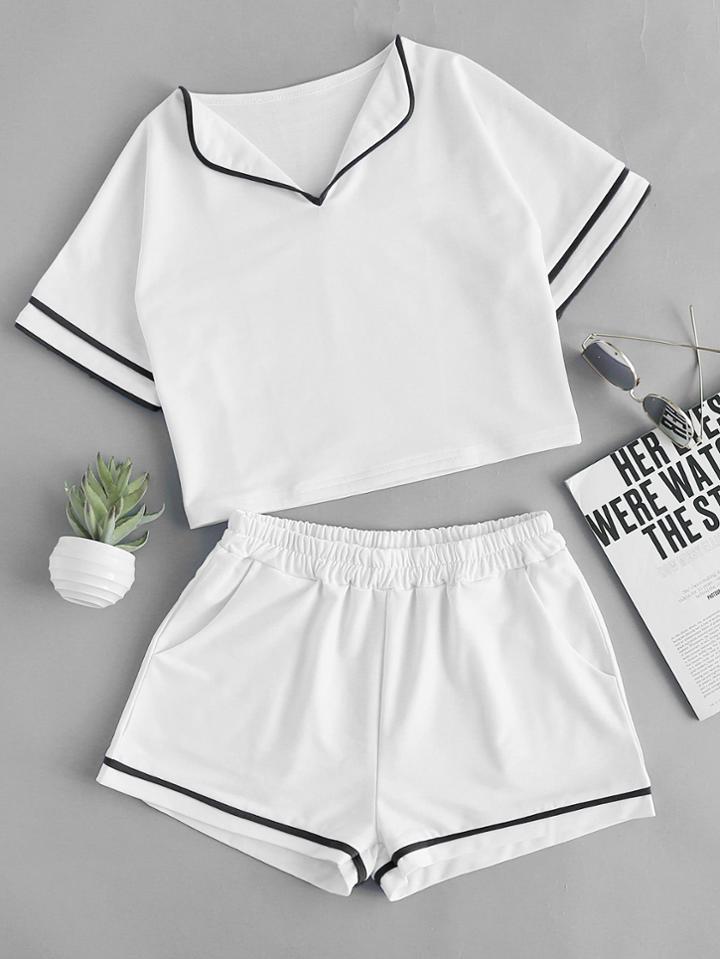 Romwe Foldover Neck Contrast Trim Top With Shorts