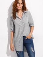 Romwe Grey Vertical Striped Blouse With Pocket