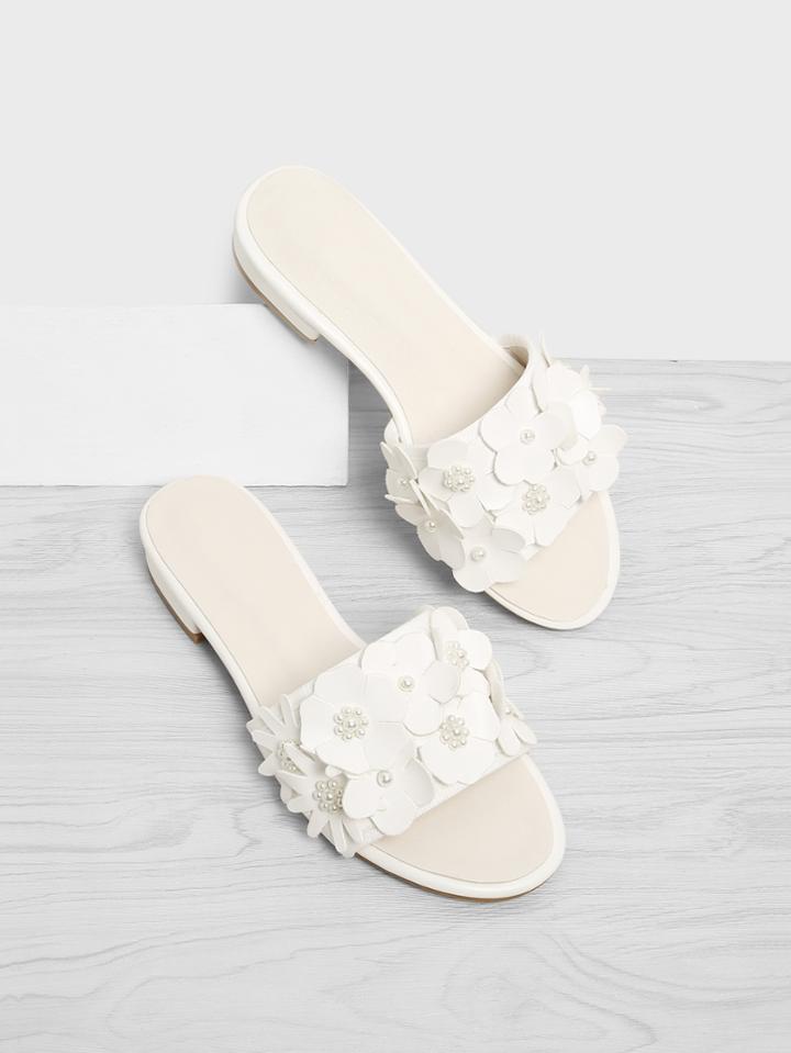 Romwe Flower Decorated Pu Flat Sliders