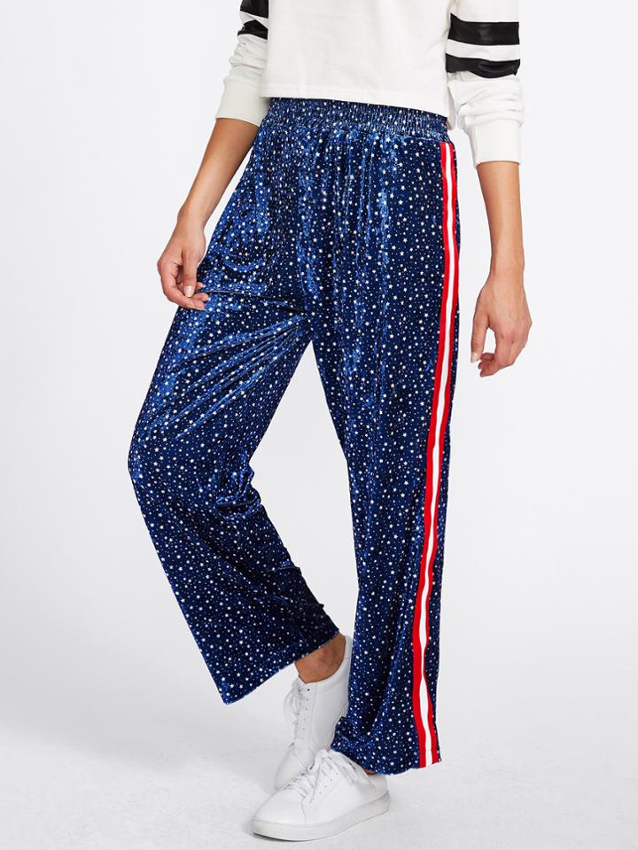 Romwe Striped Tape Side Star Print Velvet Pants