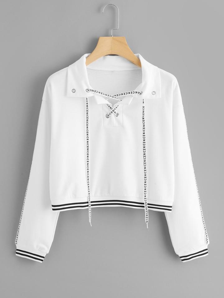 Romwe Letter Print Tape Sleeve Lace Up Sweatshirt