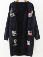 Romwe Navy Patch Embellished Drop Shoulder Sweater Coat