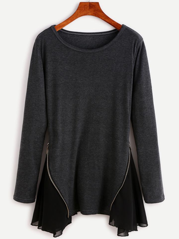 Romwe Dark Grey Contrast Zip Detail Asymmetrical T-shirt