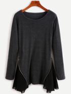 Romwe Dark Grey Contrast Zip Detail Asymmetrical T-shirt
