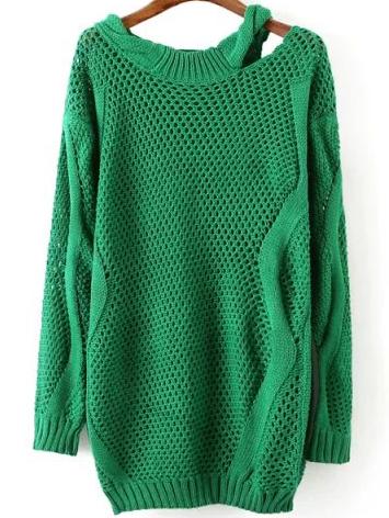 Romwe Open-knit Hollow Green Sweater