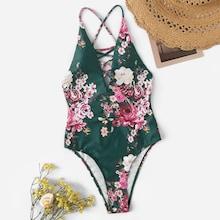 Romwe Random Flower Print Criss Cross One Piece Swimsuit