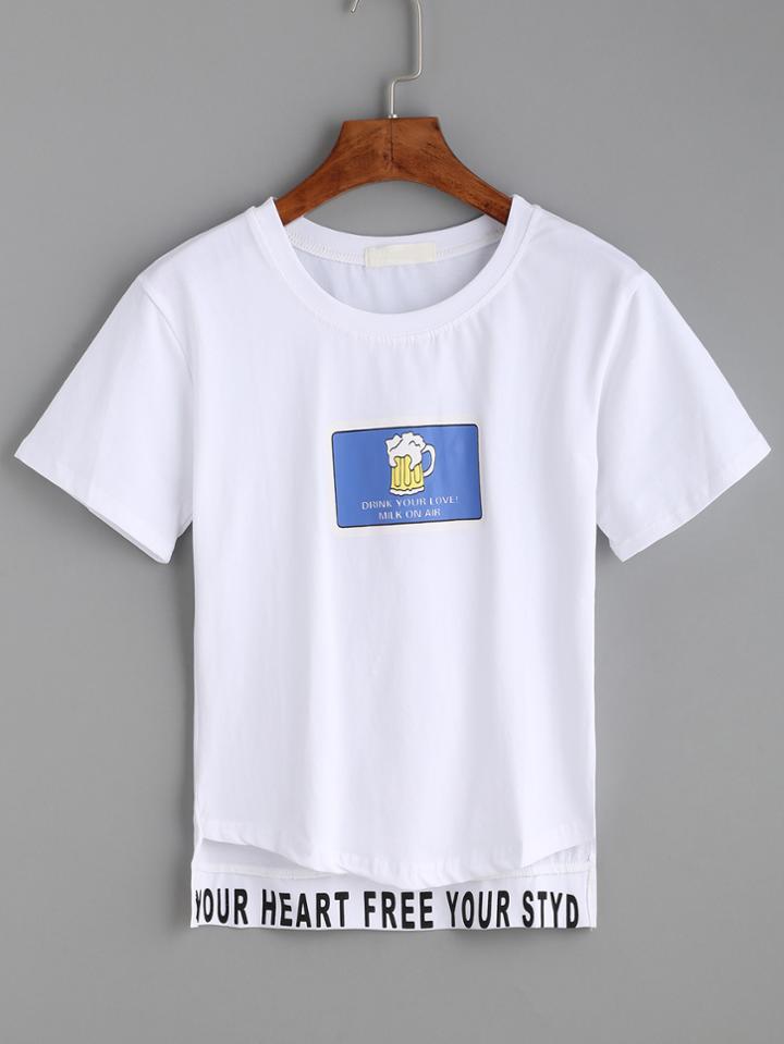 Romwe White Letter Print High Low T-shirt