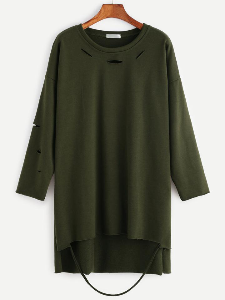 Romwe Army Green Drop Shoulder High Low Ripped Tee Dress