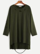 Romwe Army Green Drop Shoulder High Low Ripped Tee Dress