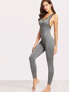 Romwe Contrast Binding Caged Back Marled Unitard Jumpsuit