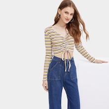 Romwe Drawstring Striped Crop Ribbed Top