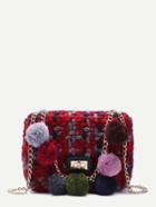 Romwe Red Woolen Mini Shoulder Bag With Colored Pom Pom