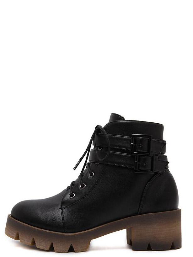 Romwe Black Lace Up Dual Buckle Strap Platform Boots