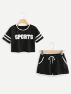 Romwe Varsity-striped Letter Print Crop Tee With Shorts