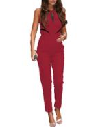 Romwe Sleeveless Lace Insert Slim Red Jumpsuit