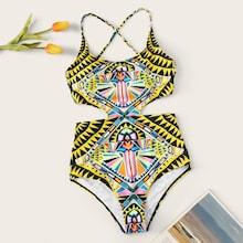 Romwe Tribal Print Crisscross One Piece Swimsuit