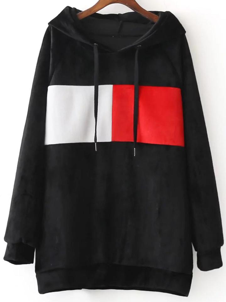 Romwe Black Color Block Raglan Sleeve Hooded Sweatshirt