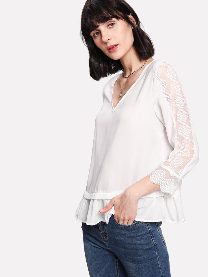 Romwe Embroidered Mesh Insert Sleeve Ruffle Hem Top