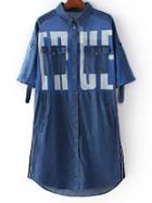 Romwe Blue Pockets Mesh Letters Print Denim Shirt Dress