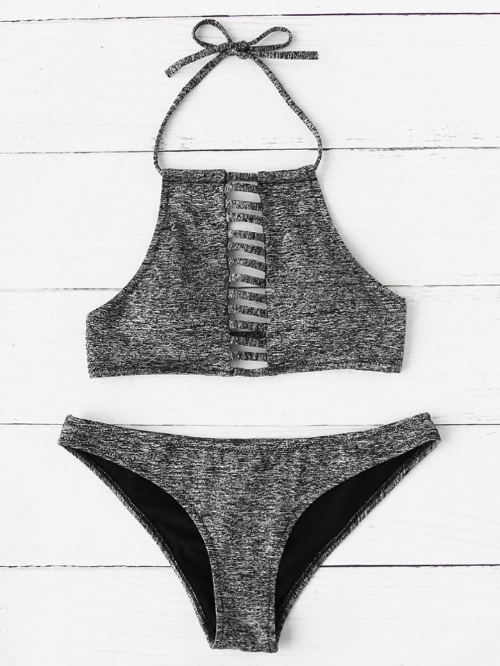 Romwe Ladder Cutout Space Dye Halter Bikini Set