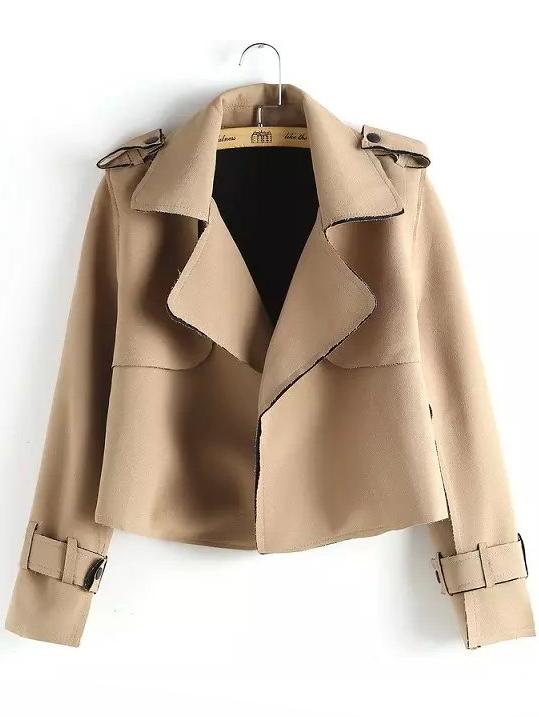 Romwe Lapel Long Sleeve Suede Khaki Coat