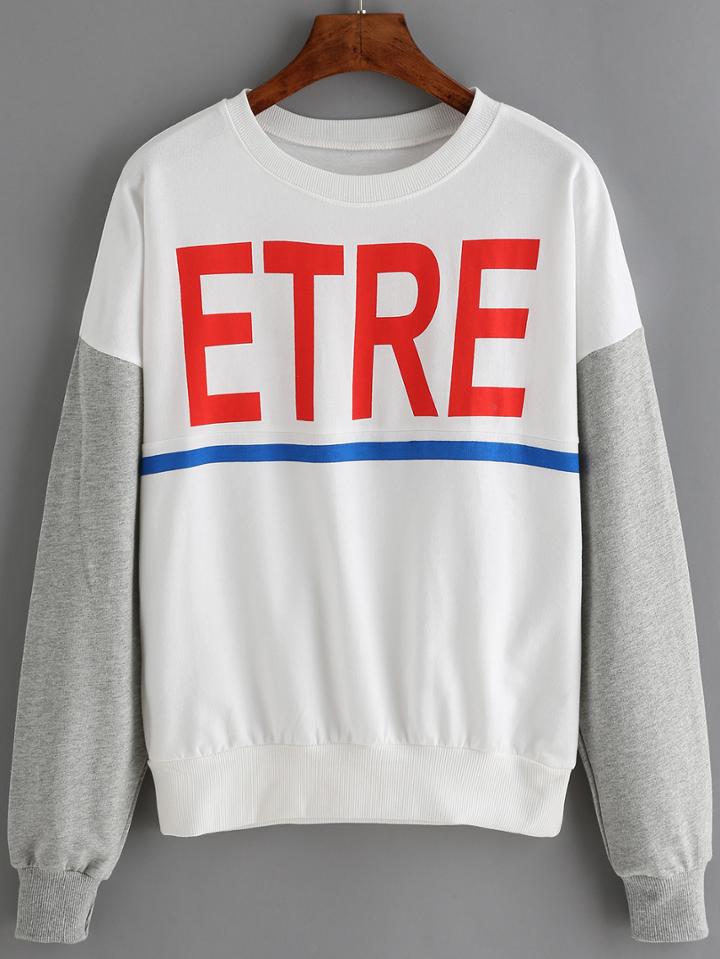 Romwe Dropped Shoulder Seam Color-block Letter Print Sweatshirt