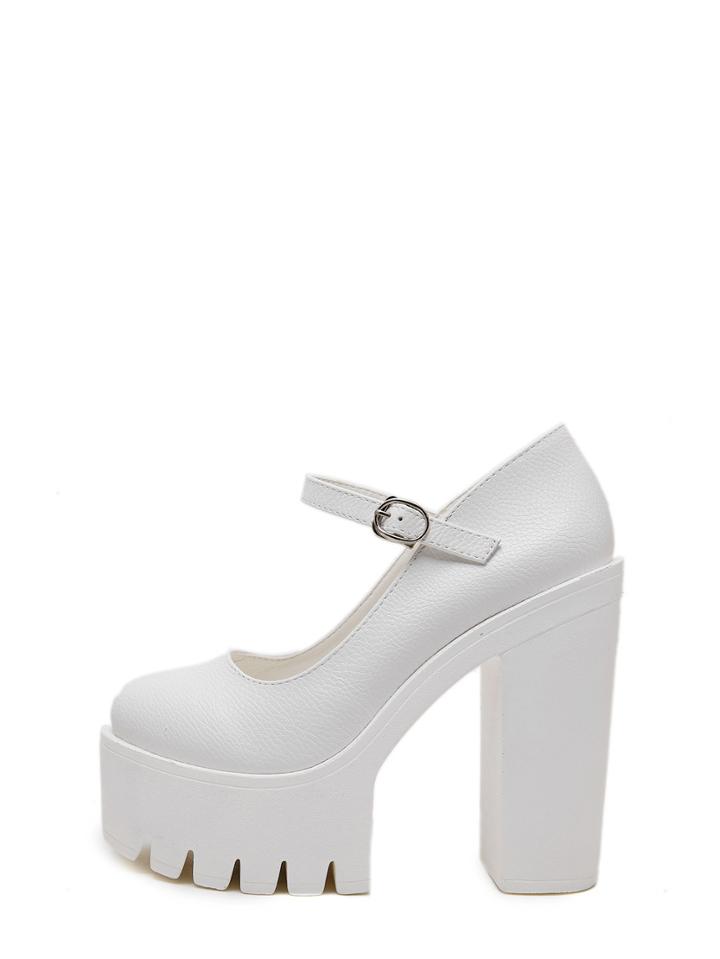 Romwe White Round Toe Buckle Platform Chunky Pumps
