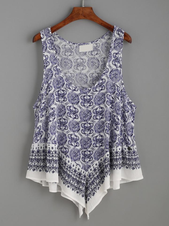 Romwe Navy Ornate Print Asymmetric Tank Top
