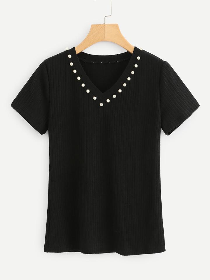 Romwe Pearl Beading V Neck T-shirt