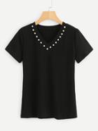 Romwe Pearl Beading V Neck T-shirt