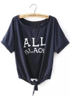 Romwe Knotted Letter Print Navy T-shirt