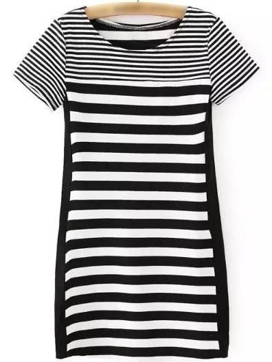 Romwe Black White Short Sleeve Pu Splicing Striped Dress