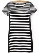 Romwe Black White Short Sleeve Pu Splicing Striped Dress