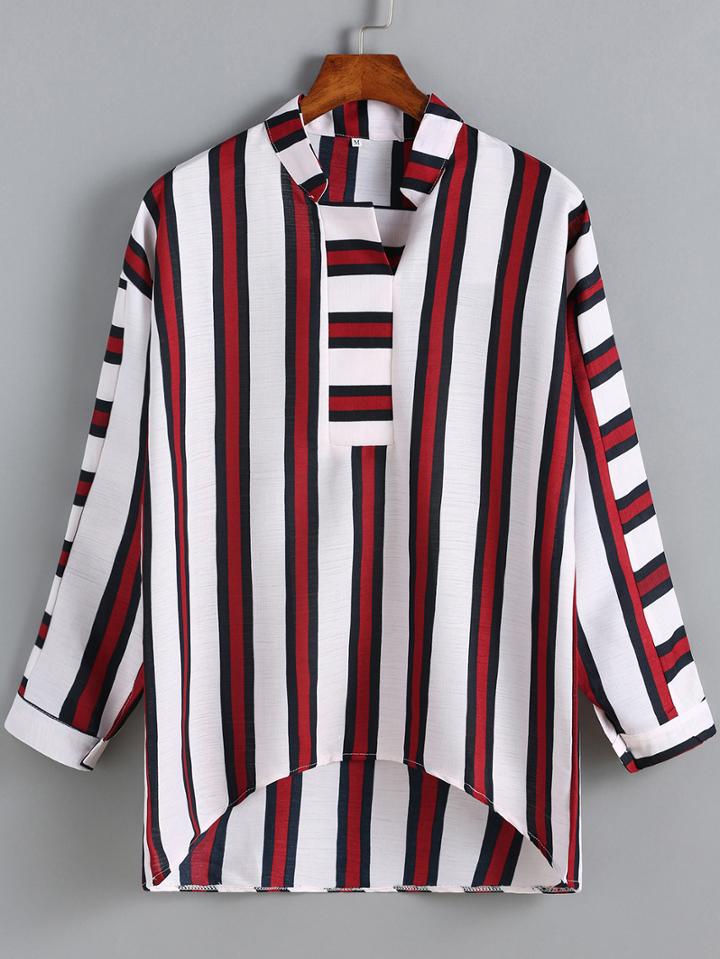 Romwe Red White Stand Collar Vertical Stripe Blouse