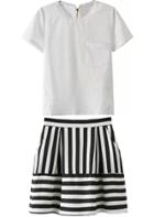 Romwe Lace Collar Zipper Top With Vertical Striped Skirt