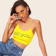 Romwe Neon Yellow Letter Print Rib-knit Cami Top