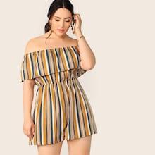 Romwe Plus Striped Off Shoulder Ruffle Overlay Romper