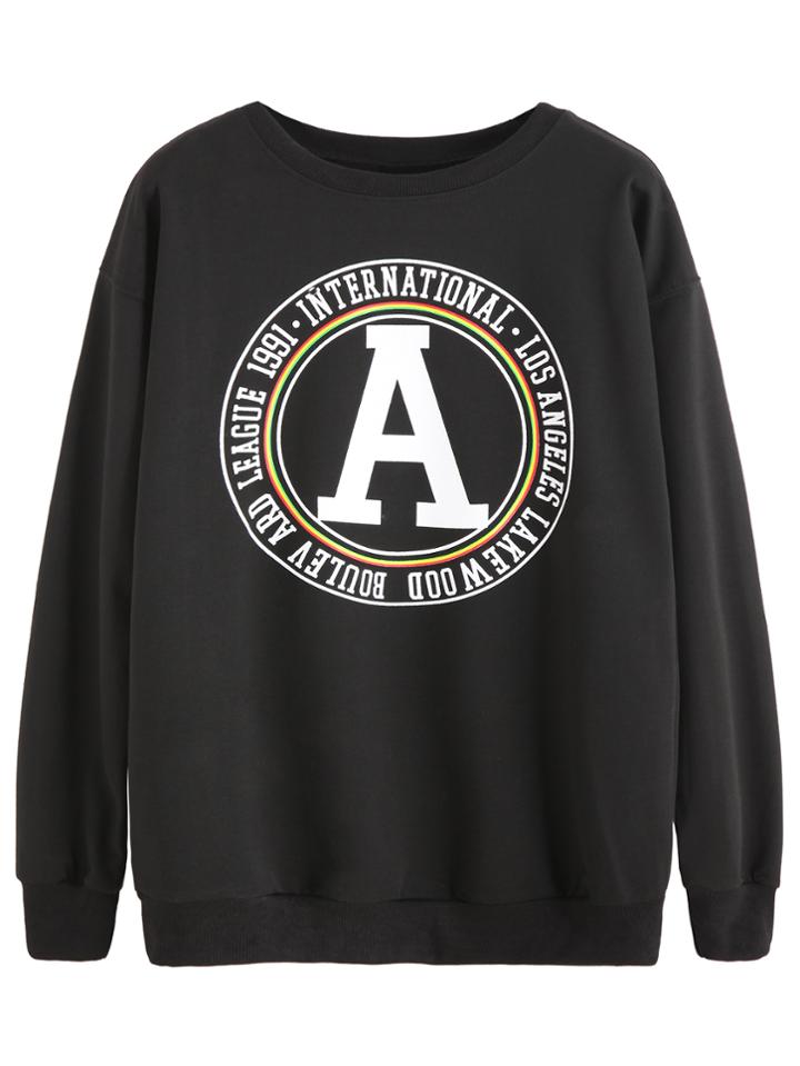 Romwe Black Graphic Print Drop Shoulder Sweatshirt