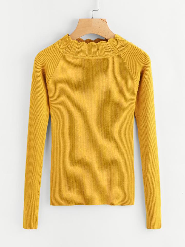 Romwe Scallop Neck Raglan Sleeve Ribbed Sweater