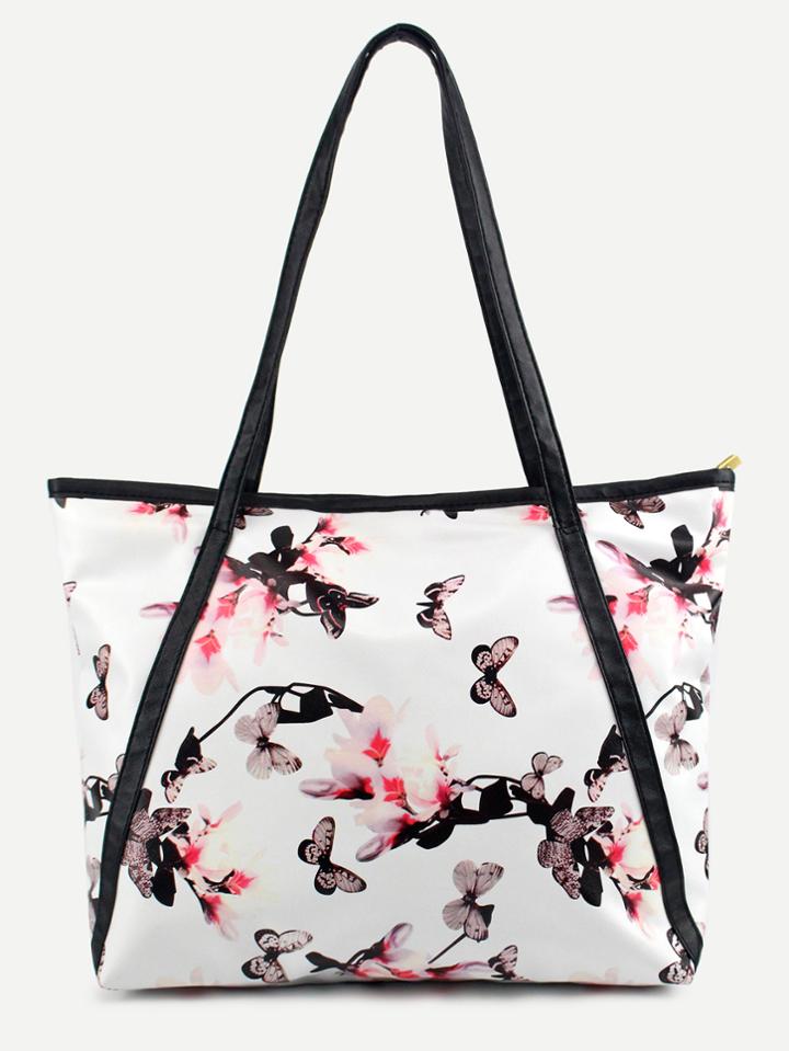 Romwe White Flower Print Contrast Trim Tote Bag