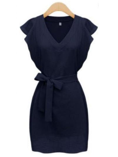 Romwe Navy V Neck Ruffle Sleeve Self-tie Dress