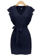 Romwe Navy V Neck Ruffle Sleeve Self-tie Dress