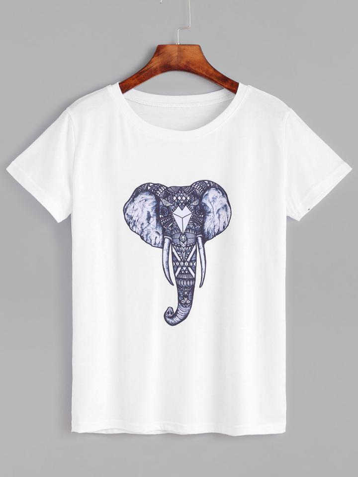 Romwe White Elephant Print Short Sleeve T-shirt
