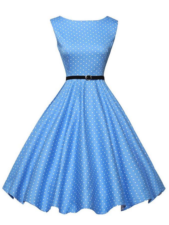 Romwe Belted Fit & Flare Sleeveless Polka Dot Dress - Blue