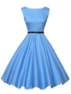 Romwe Belted Fit & Flare Sleeveless Polka Dot Dress - Blue