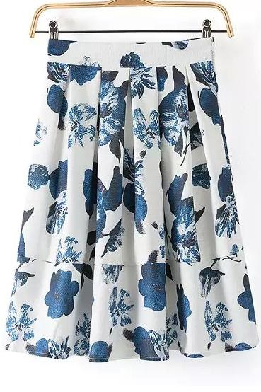 Romwe Elastic Waist Florals Pleated White Skirt