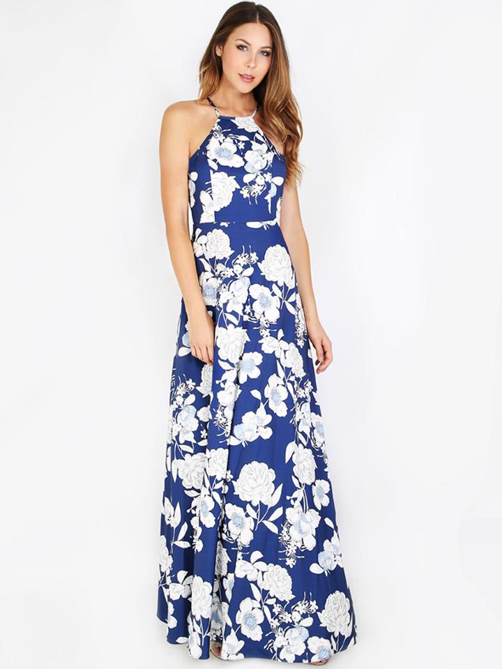 Romwe Halterneck Floral Print Maxi Dress