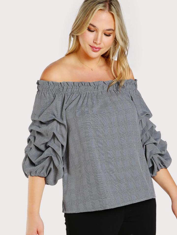 Romwe Off Shoulder Shirred Sleeve Plaid Top